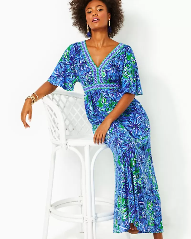 Dresses^Lilly Pulitzer Addison Elbow Sleeve Maxi Dress Abaco Blue In Turtle Awe Engineered Maxi Dress