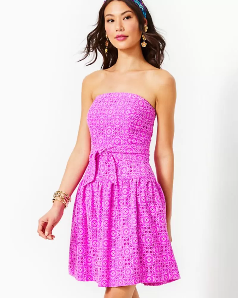 Dresses^Lilly Pulitzer Akela Strapless Eyelet Dress Orchid Oasis Oversized Diamond Leaf Eyelet