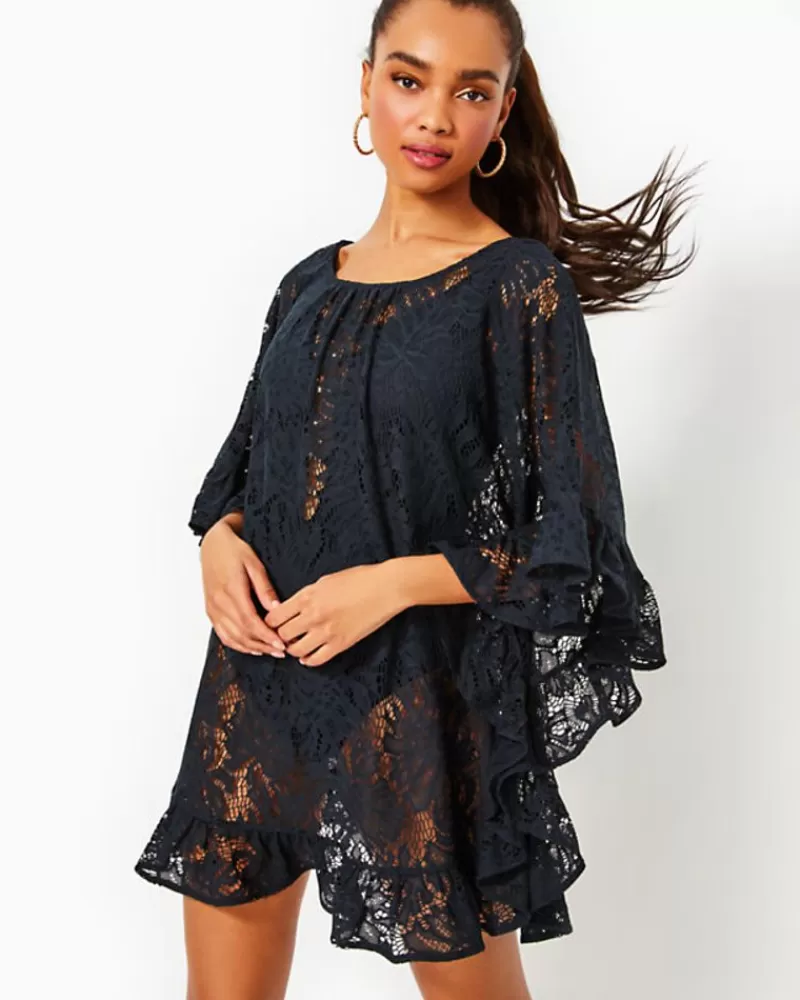 Swim^Lilly Pulitzer Atley Ruffle Cover-Up Onyx Paradise Found Lace