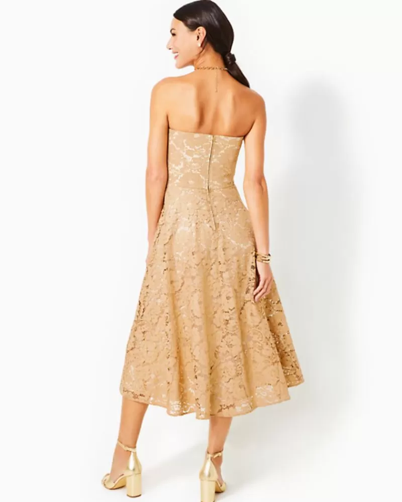 Dresses^Lilly Pulitzer Aubrianna Strapless Midi Dress Gold Metallic Gilded Floral Lace