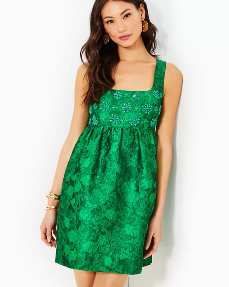 Dresses^Lilly Pulitzer Bellami Embellished Floral Jacquard Dress Kelly Green Leaf An Impression Jacquard