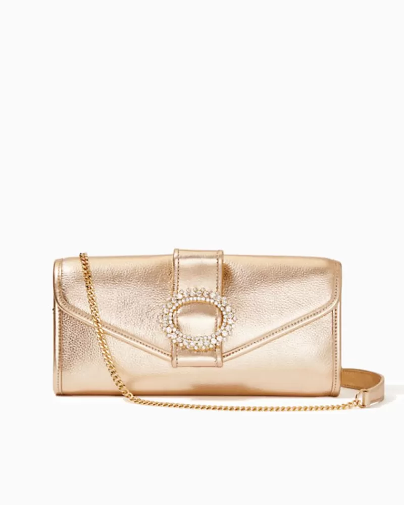 Bags^Lilly Pulitzer Benton Leather Clutch Gold Metallic