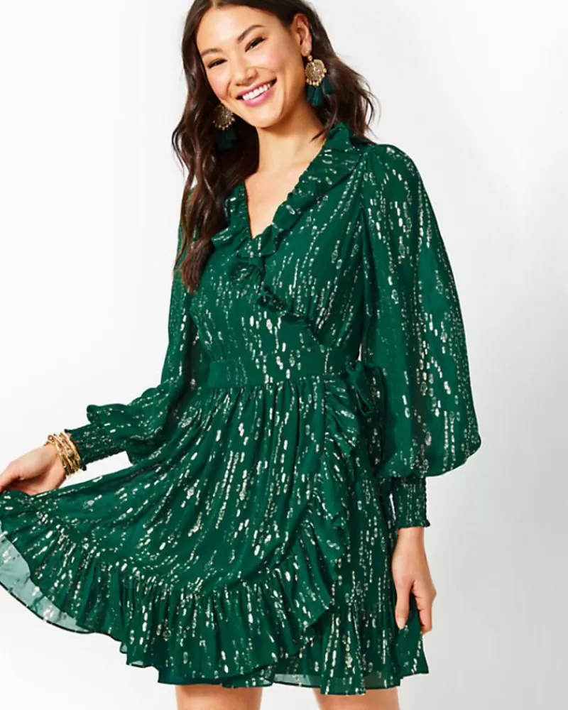 Dresses^Lilly Pulitzer Birdy Long Sleeve Silk Wrap Dress Evergreen Fish Clip Chiffon