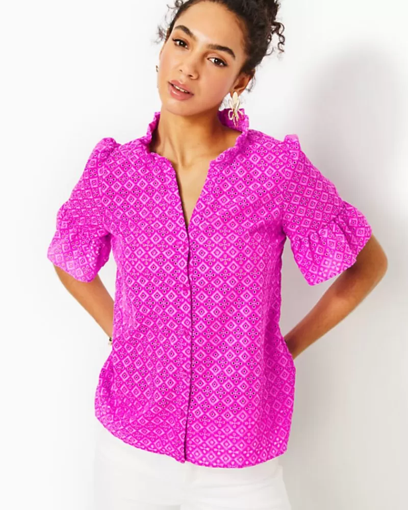 Tops^Lilly Pulitzer Calynn Eyelet Button Down Top Wild Fuchsia Ditsy Diamond Poly Eyelet