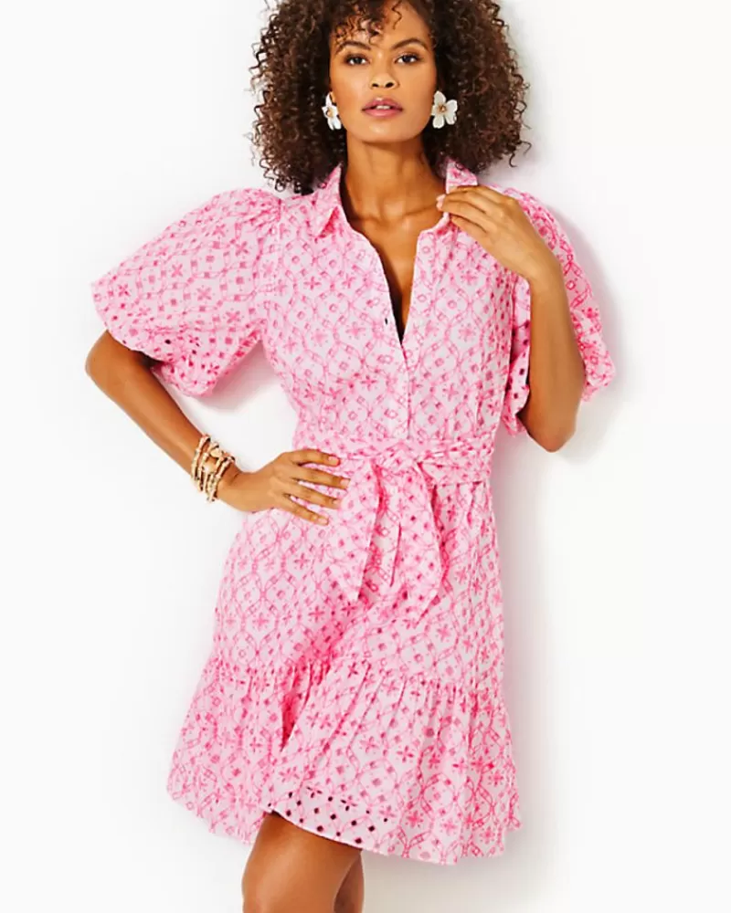 Dresses^Lilly Pulitzer Cartley Elbow Sleeve Eyelet Shirtdress Resort White X Havana Pink Flutter Eyelet