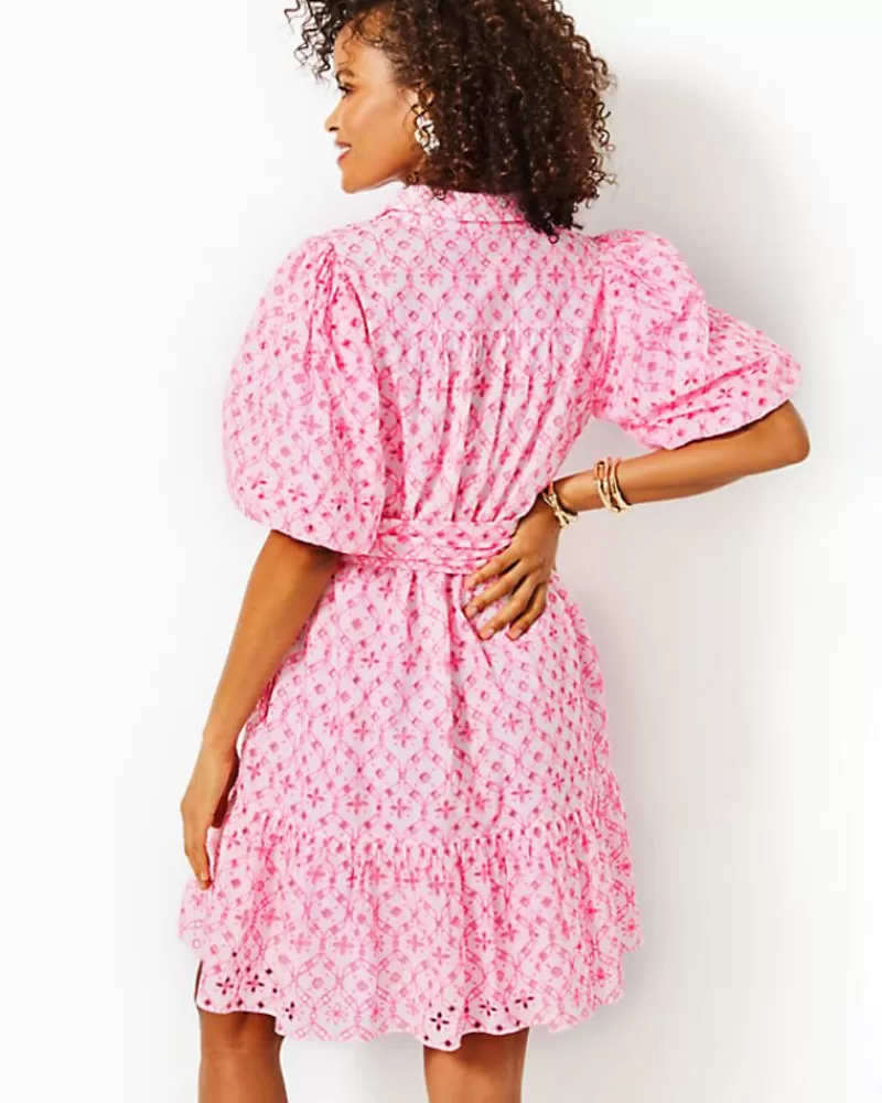 Dresses^Lilly Pulitzer Cartley Elbow Sleeve Eyelet Shirtdress Resort White X Havana Pink Flutter Eyelet