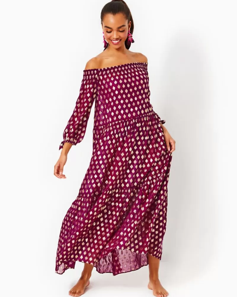 Swim^Lilly Pulitzer Dayla Maxi Cover-Up Amarena Cherry Pattern Play Viscose Metallic Clip