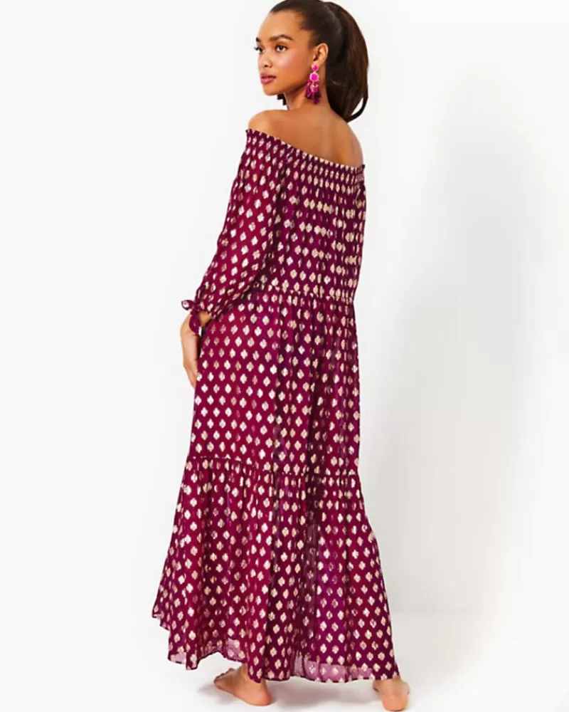 Swim^Lilly Pulitzer Dayla Maxi Cover-Up Amarena Cherry Pattern Play Viscose Metallic Clip