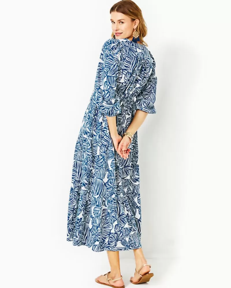 Dresses^Lilly Pulitzer Deacon 3/4 Sleeve V-Neck Cotton Maxi Dress Aegean Navy Beach Path