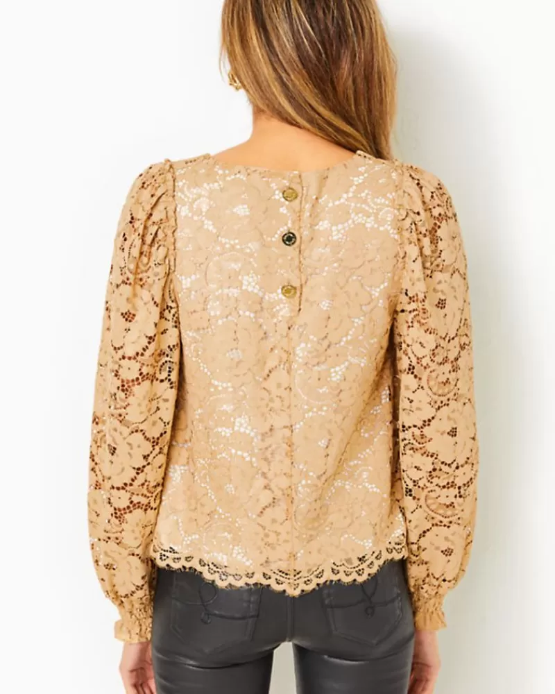 Tops^Lilly Pulitzer Everglade Straight Fit Top Gold Metallic Gilded Floral Lace