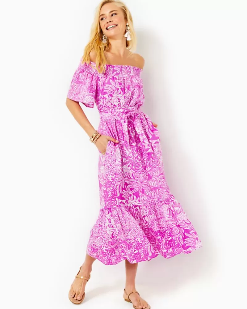 Dresses^Lilly Pulitzer Isbell Off-The-Shoulder Linen Midi Dress Wild Fuchsia Swipe Right