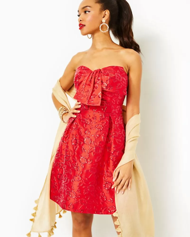 Dresses^Lilly Pulitzer Kataleya Strapless Jacquard Dress Amaryllis Red Puff Floral Brocade