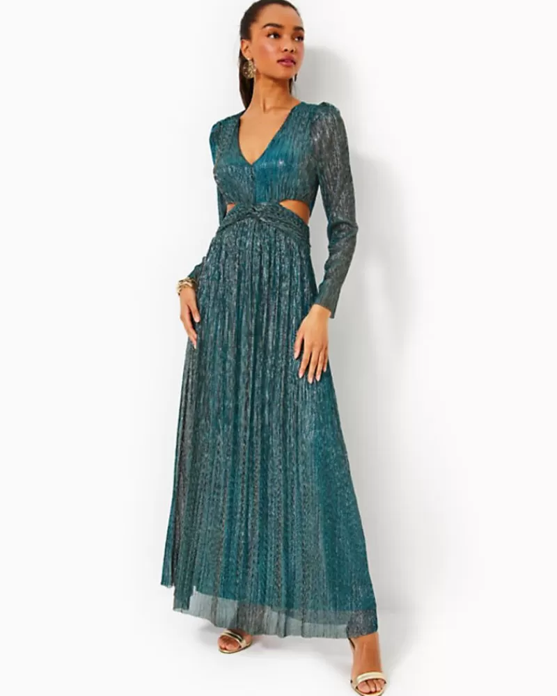 Dresses^Lilly Pulitzer Latrice Long Sleeve Maxi Dress Blue Rhapsody Metallic Knit Crinkle