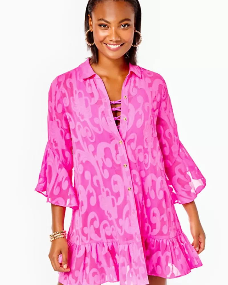 Swim^Lilly Pulitzer Linley Coverup Plumeria Pink Poly Crepe Swirl Clip