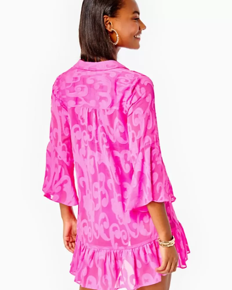 Swim^Lilly Pulitzer Linley Coverup Plumeria Pink Poly Crepe Swirl Clip