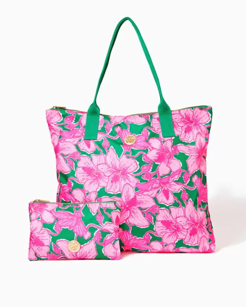 Bags^Lilly Pulitzer Piper Packable Tote Kelly Green Hibis Kiss