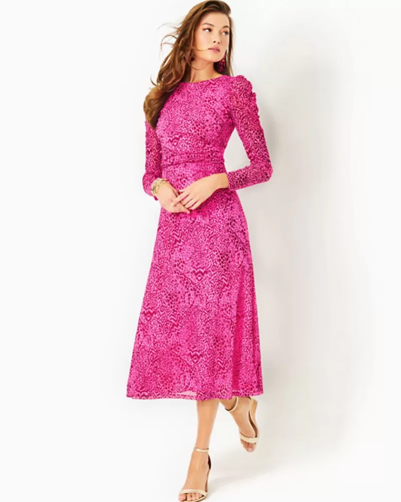 Dresses^Lilly Pulitzer Preslie Long Sleeve Mesh Midi Dress Cerise Pink Pattern Play