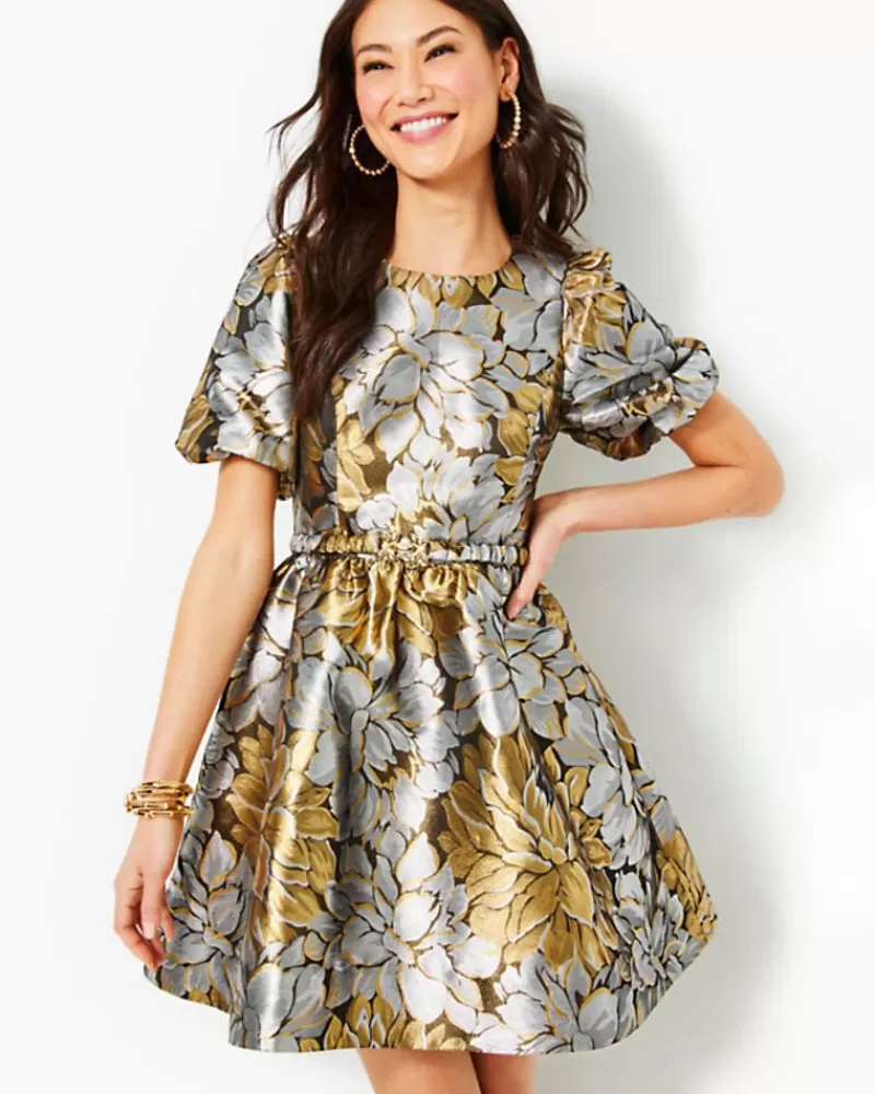 Dresses^Lilly Pulitzer Priyanka Short Sleeve Floral Jacquard Dress Gold Metallic Peony Parade Brocade