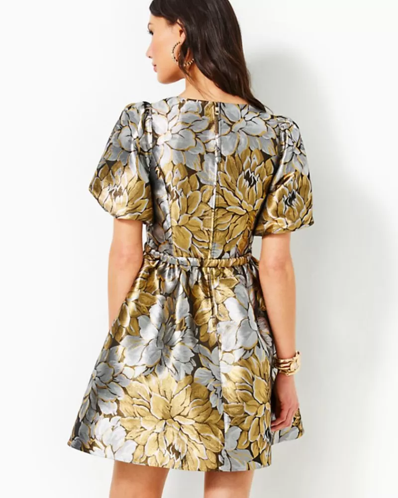 Dresses^Lilly Pulitzer Priyanka Short Sleeve Floral Jacquard Dress Gold Metallic Peony Parade Brocade