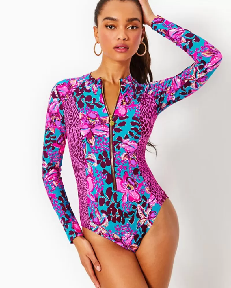 Swim^Lilly Pulitzer Raffa Rashguard One-Piece Swimsuit Blue Rhapsody Orchid You Not Swim