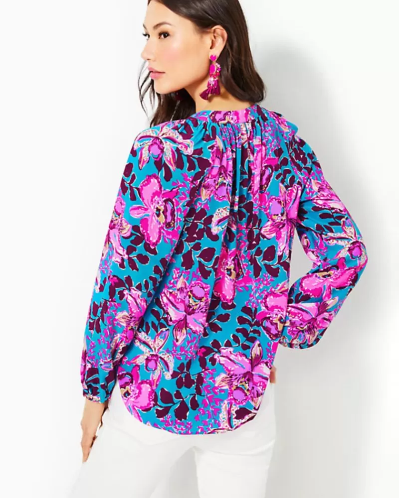 Tops^Lilly Pulitzer Saige Silk Top Blue Rhapsody Orchid You Not