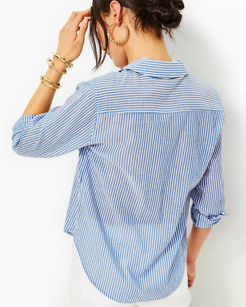 Tops^Lilly Pulitzer Sea View Button Down Top Coastal Blue Ltwt Oxford Stripe