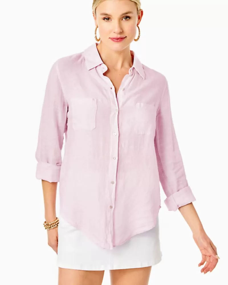 Tops^Lilly Pulitzer Sea View Linen Button Down Top Urchin Pink X Resort White