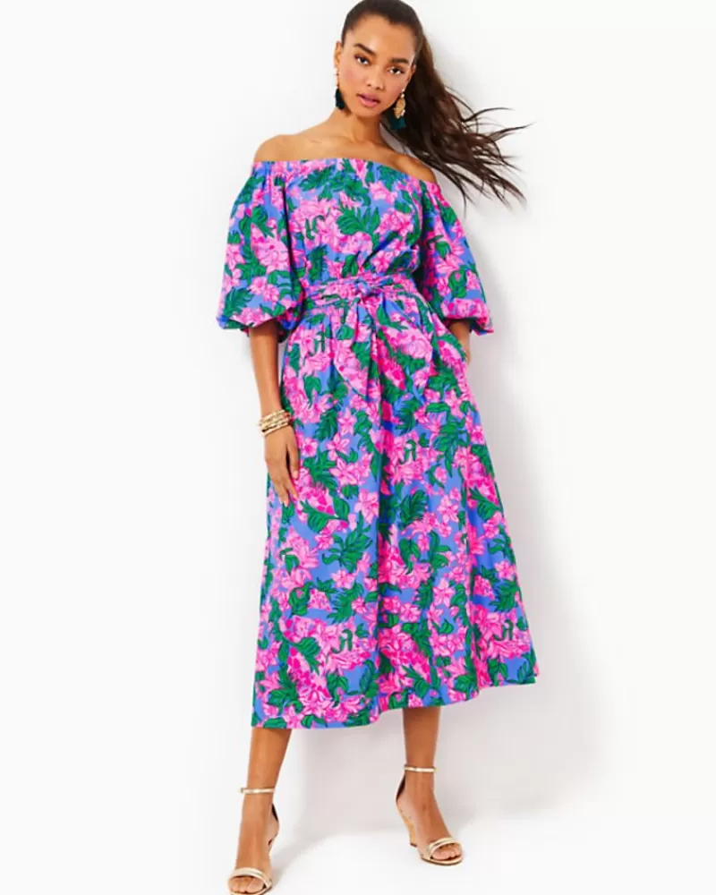 Dresses^Lilly Pulitzer Shawnlee Elbow Sleeve Off-The-Shoulder Cotton Midi Dress Cerise Pink Safari Sunset