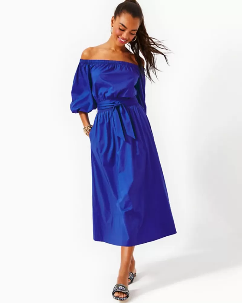 Dresses^Lilly Pulitzer Shawnlee Elbow Sleeve Off-The-Shoulder Cotton Midi Dress Alba Blue