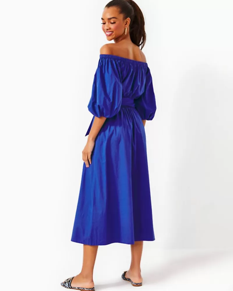 Dresses^Lilly Pulitzer Shawnlee Elbow Sleeve Off-The-Shoulder Cotton Midi Dress Alba Blue