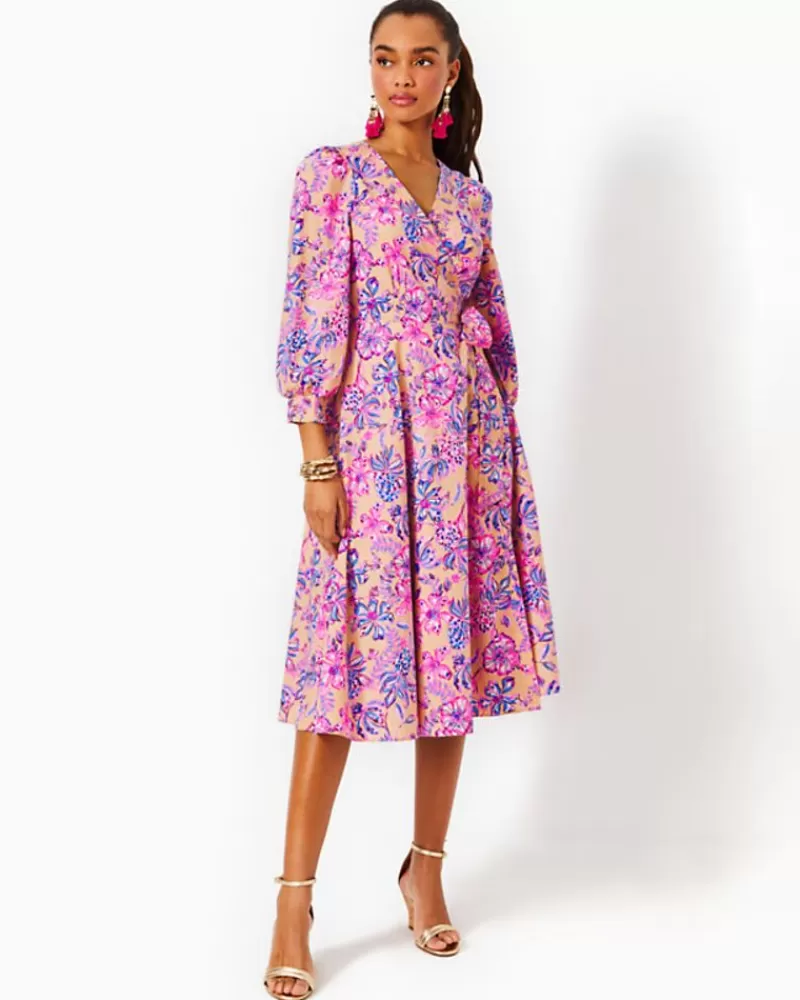 Dresses^Lilly Pulitzer Shiela 3/4 Sleeve Cotton Midi Wrap Dress Sand Bar Tropical With A Twist