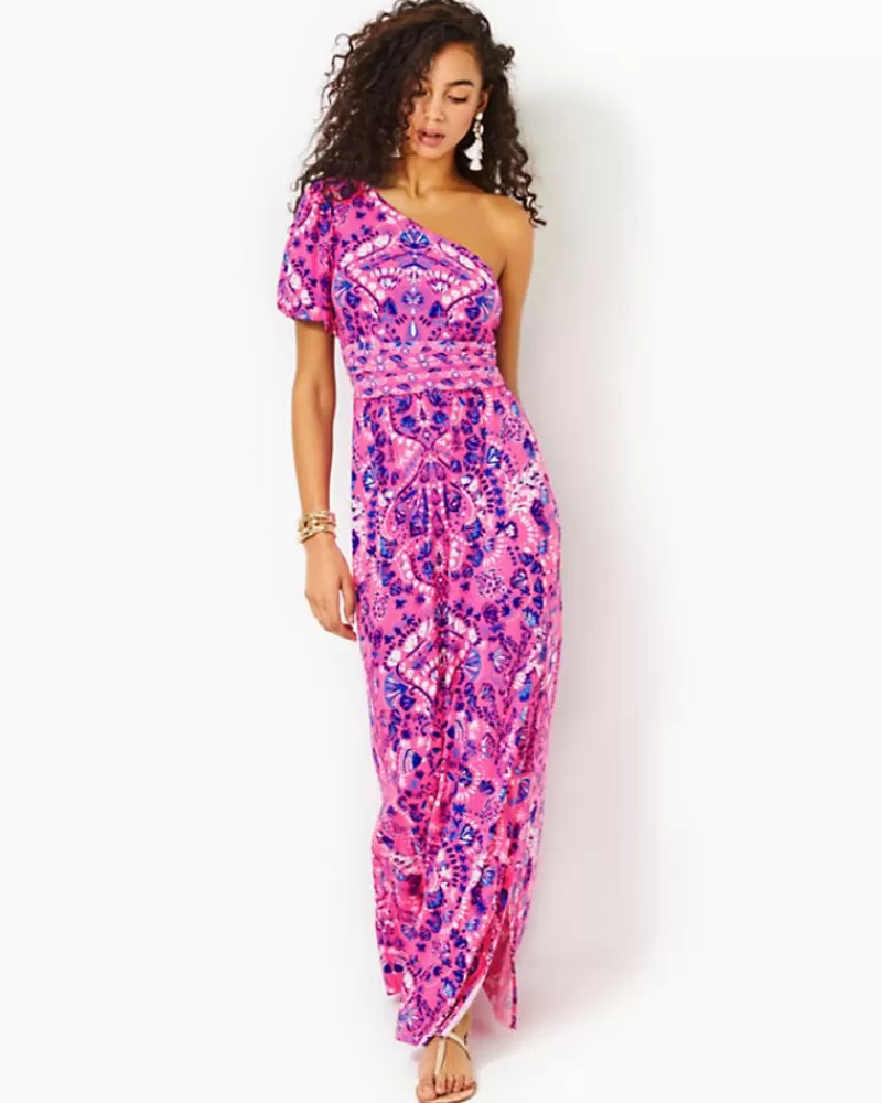 Dresses^Lilly Pulitzer Solana One-Shoulder Maxi Dress Havana Pink Turtle Tidepool Engineered Knit Dress